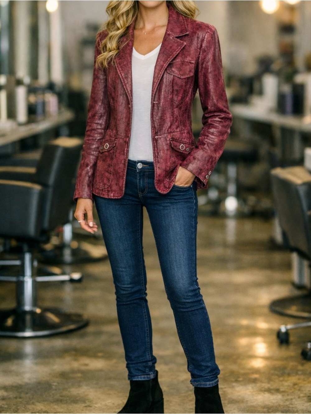 VTG Red Croc-Embossed Genuine Leather Jacket – Size S